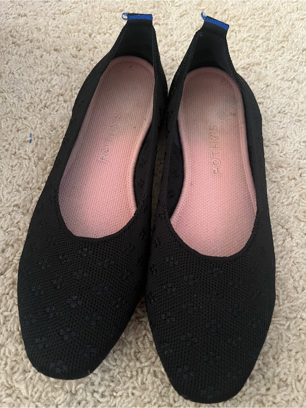 Rothy's Round Toe Black Knit Ballet Flats with Pink Insole Size 8.5